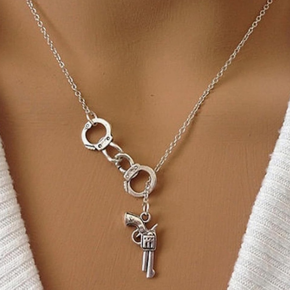 Silver Tone Gun and Handcuffs  Lariat Necklace